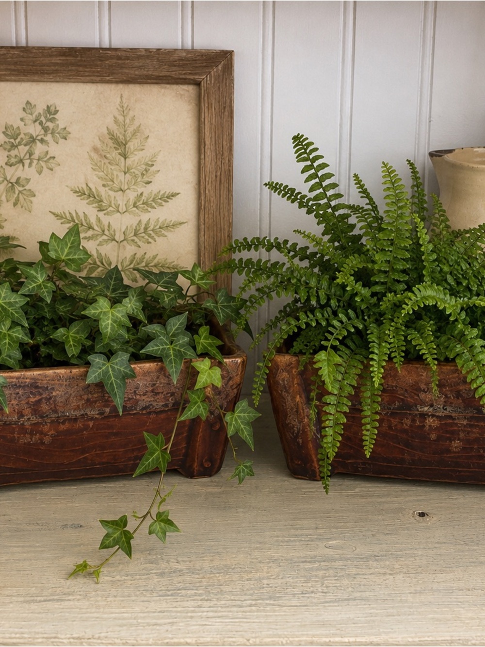 Rustic Brown Wooden Planter Box - Green